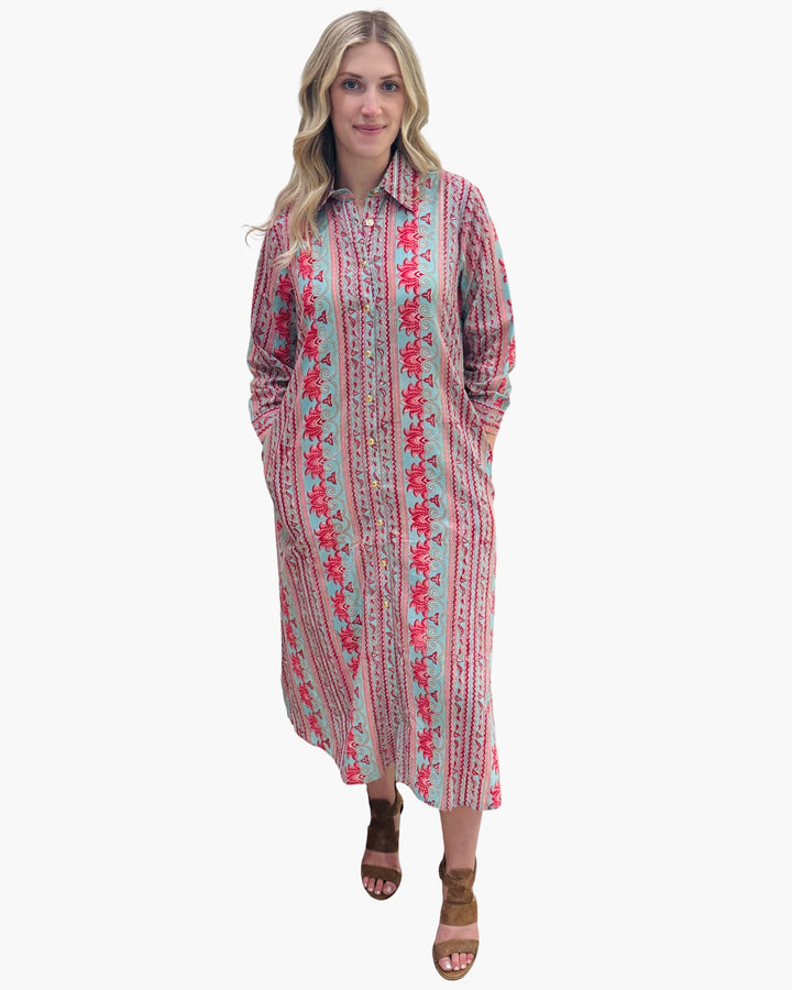 The Erika Button Front Dress in Turquoise and Red Hand-block Printed Cotton — view 4