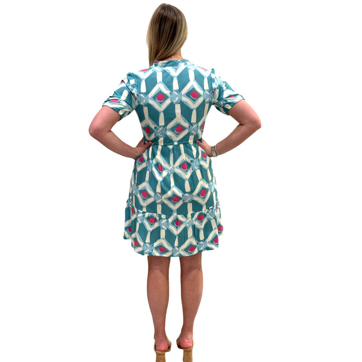 The Hamilton Sage Pink Geometric Print Cinch Tie Waist Short Sleeve Dress — view 5