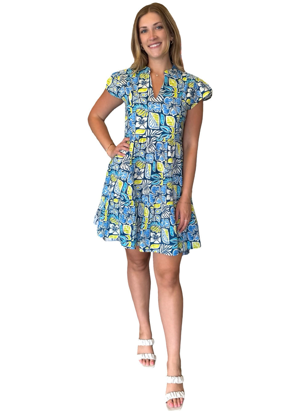 The Preston Short Sleeve Cotton Dress in Blue Green Multi — view 2