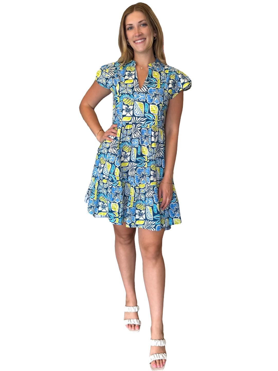 The Preston Short Sleeve Cotton Dress in Blue Green Multi — view 2