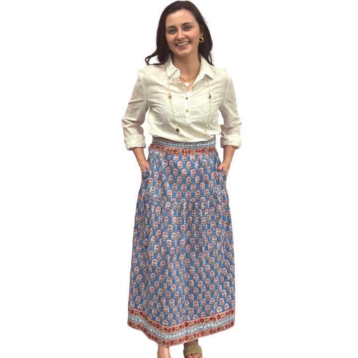 The Lila Border Trim Skirt in Blue and Pink Hand Blocked Cotton — view 8