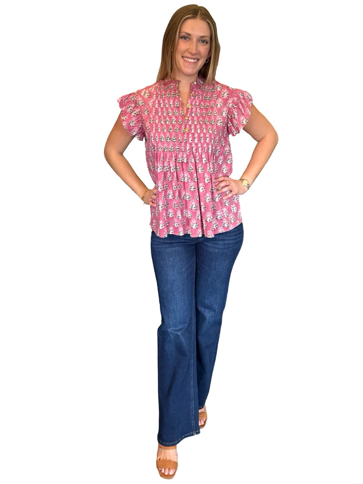 The Ava Pintuck Cotton Top in Rase Pink Hand Block Printed Floral