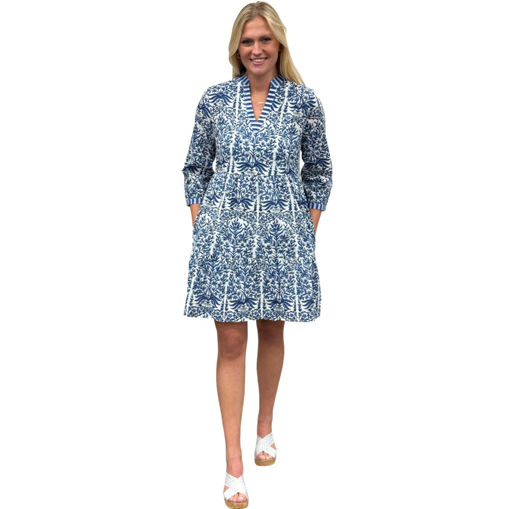 The Preston 3/4 Sleeve Cotton Block Print Dress in Blue and White — view 2