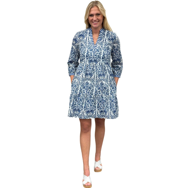 The Preston 3/4 Sleeve Cotton Block Print Dress in Blue and White — view 2
