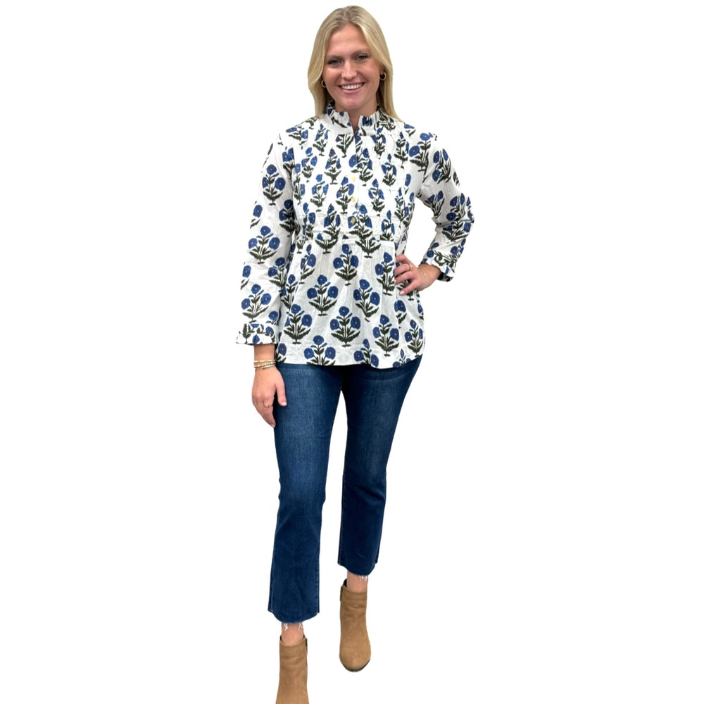 The Veronica Hand Block Smocked Top in Blue White Floral — view 2