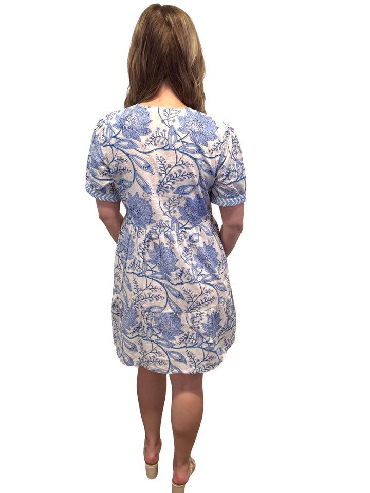 The Daniella Short Sleeve Cotton Dress in Blue Blossom Hand Block — view 5