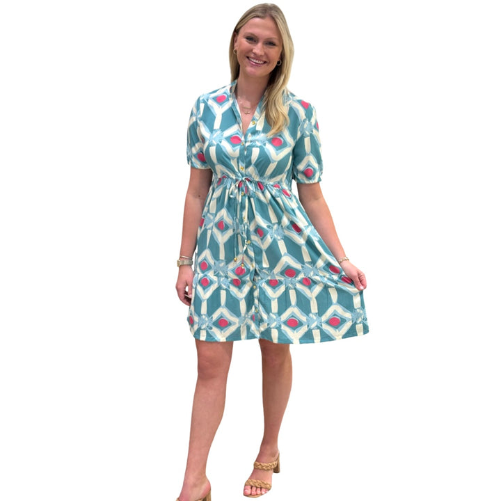 The Hamilton Sage Pink Geometric Print Cinch Tie Waist Short Sleeve Dress — view 6