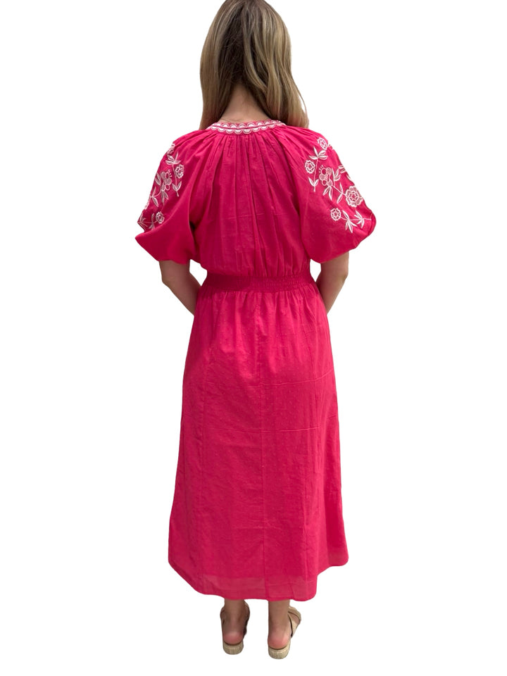 The Gabby Long Embroidered Dress in Hot Pink and White — view 5