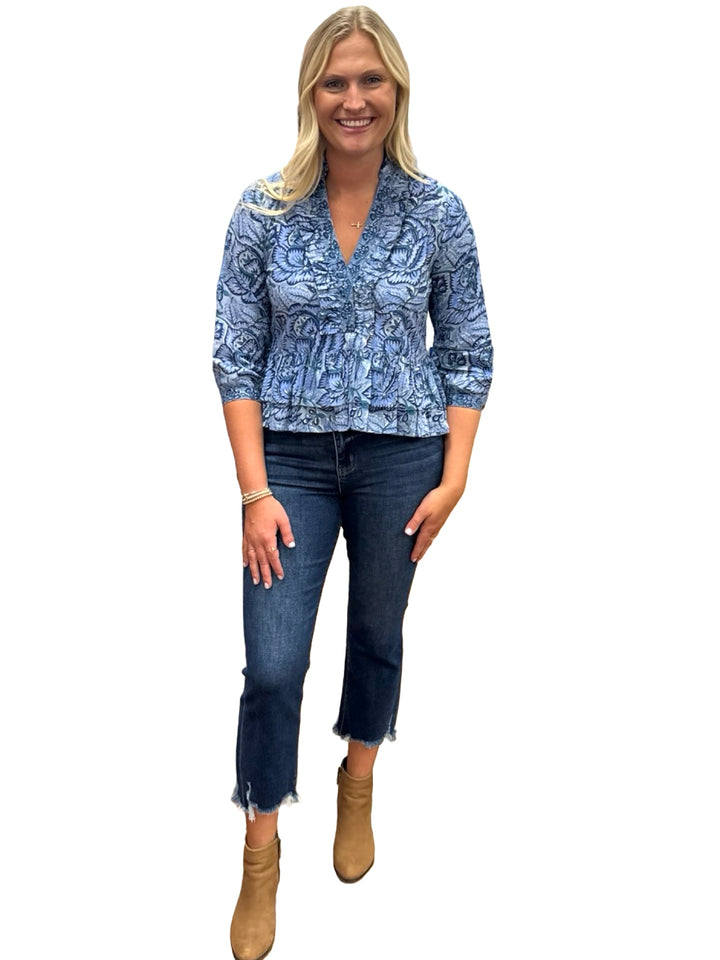 The Bella 3/4 Sleeve Ruffle Trim Top in Blue Hand Block Printed Floral