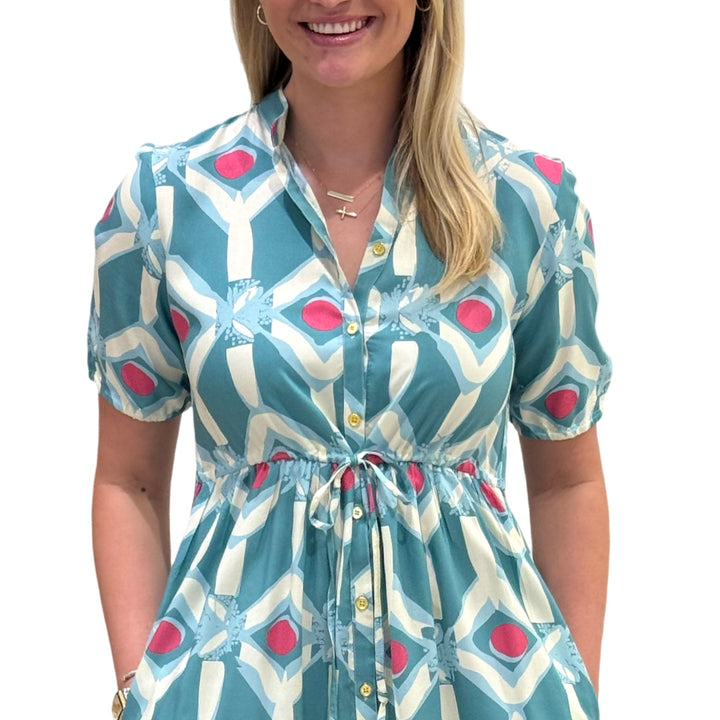 The Hamilton Sage Pink Geometric Print Cinch Tie Waist Short Sleeve Dress — view 4