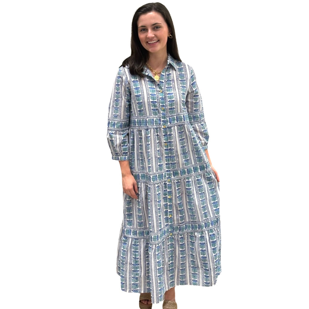 The Marilyn Cotton Button Front Blue Border Block Print Dress