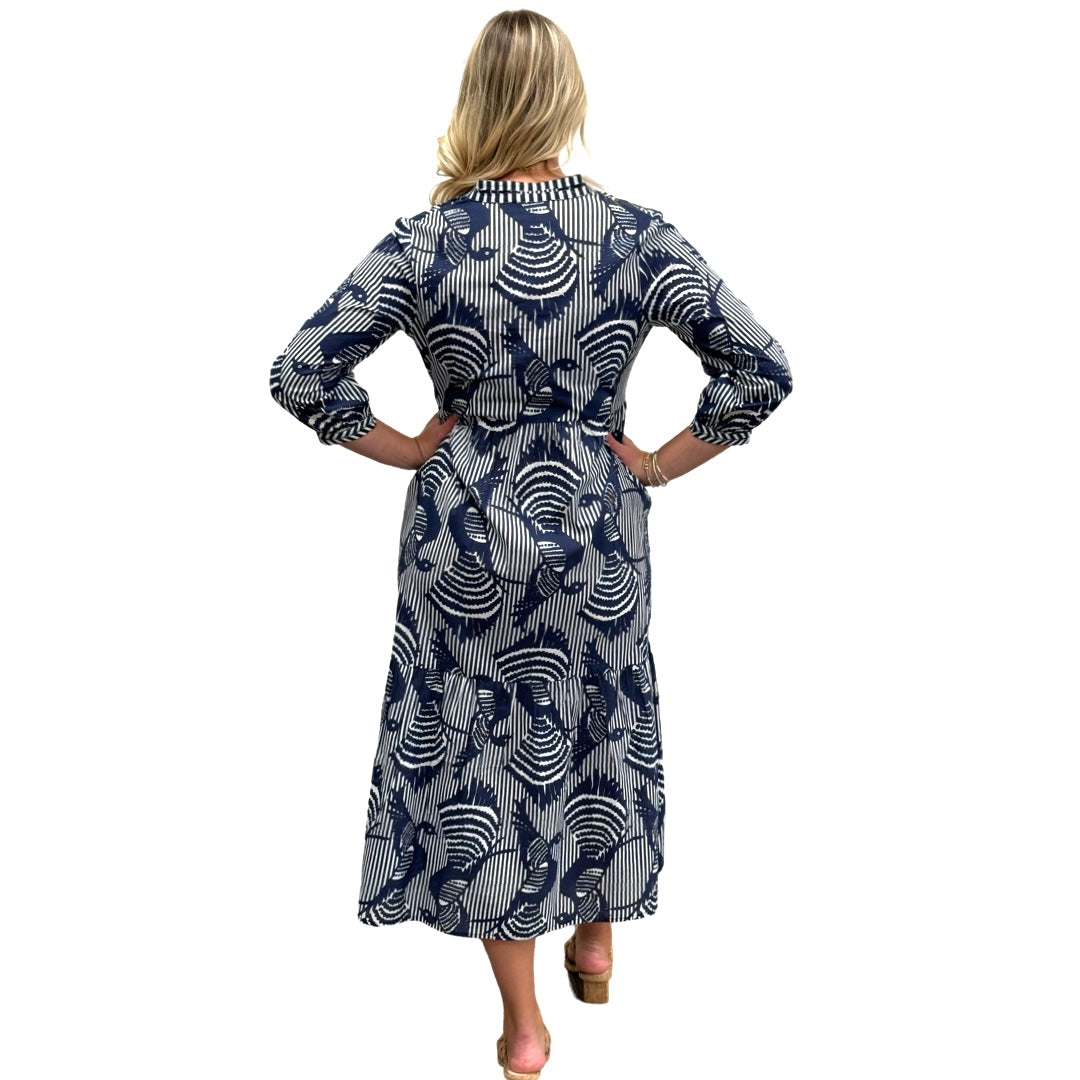 The Morley Striped Bird Print Dress in Navy and White — view 6