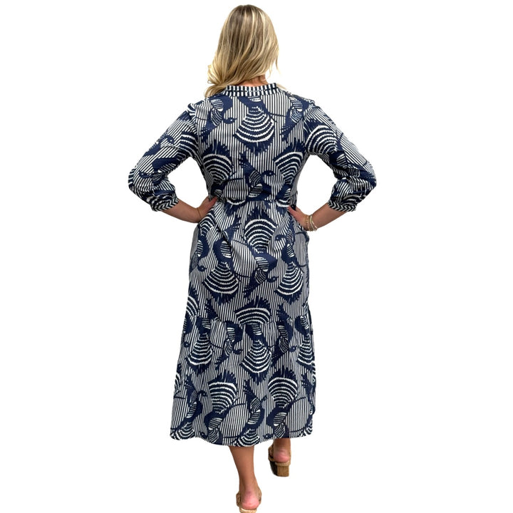 The Morley Striped Bird Print Dress in Navy and White — view 6