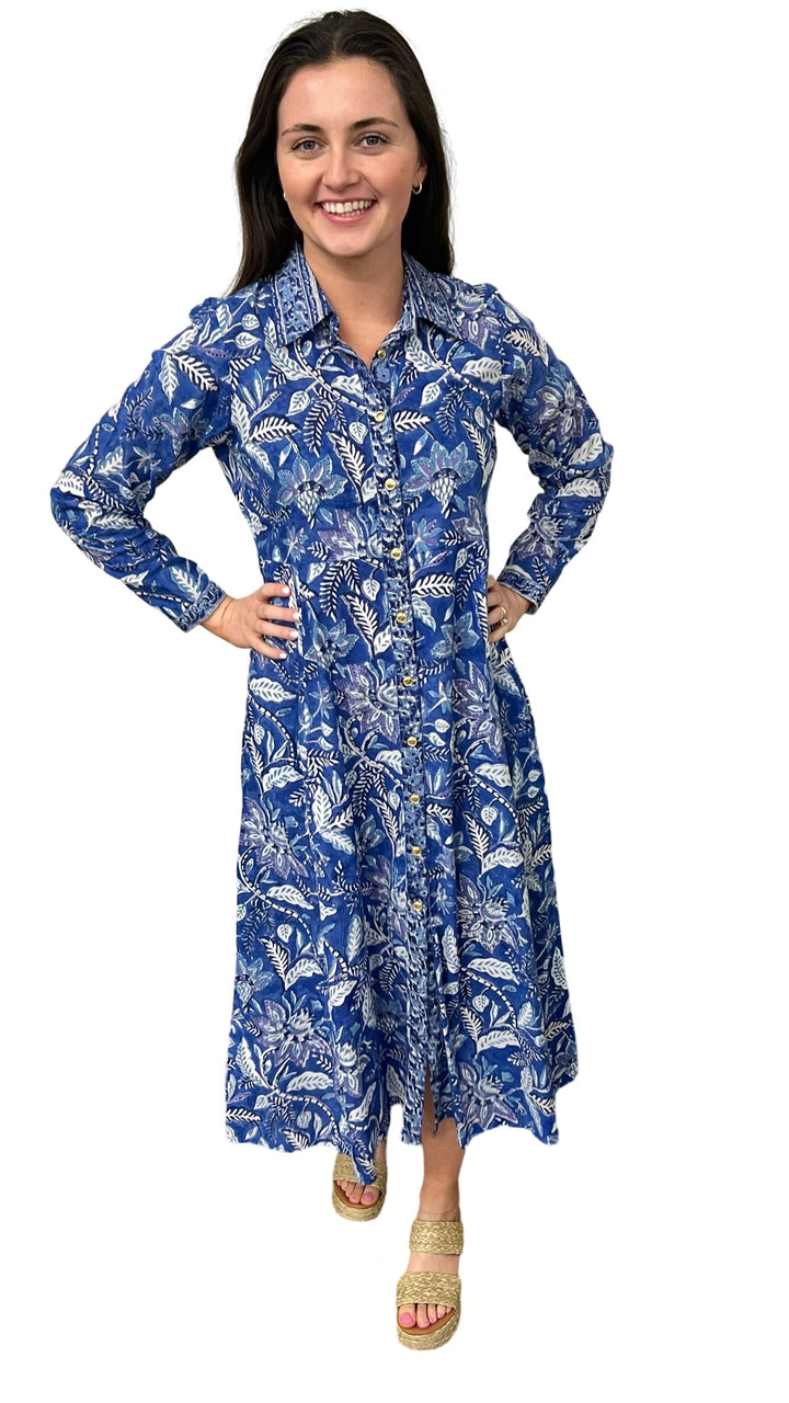 The Marion Cotton Button Front Hand Block Dress in Brilliant Blue Floral — view 6