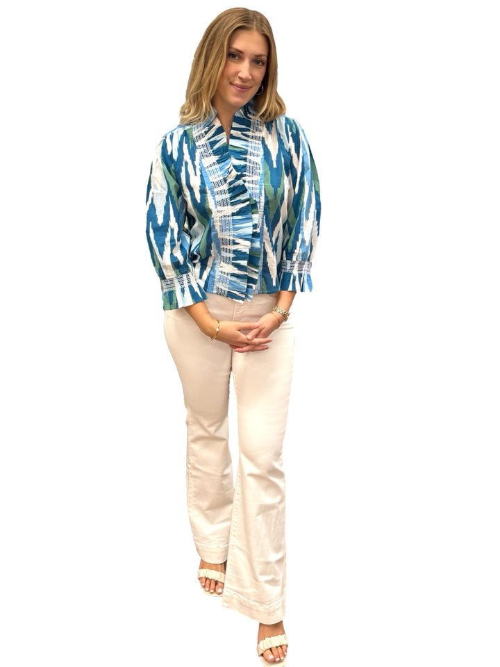 The Amelia Ruffle Front Smocked Top in Green Blue Geometric Ikat — view 6