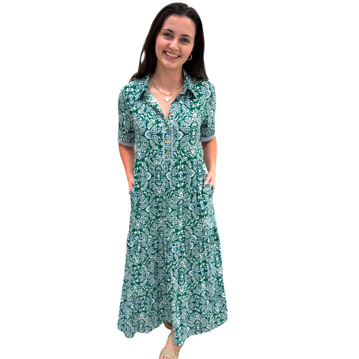 The Short Sleeve Jaqueline Dress in Green Blue With Blue Striped Trim — view 5
