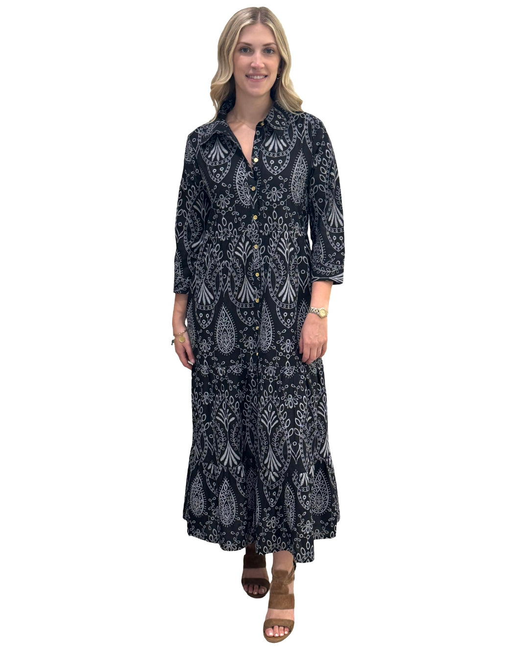 The Lucille Button Front Dress Maxi Dress in Black and White