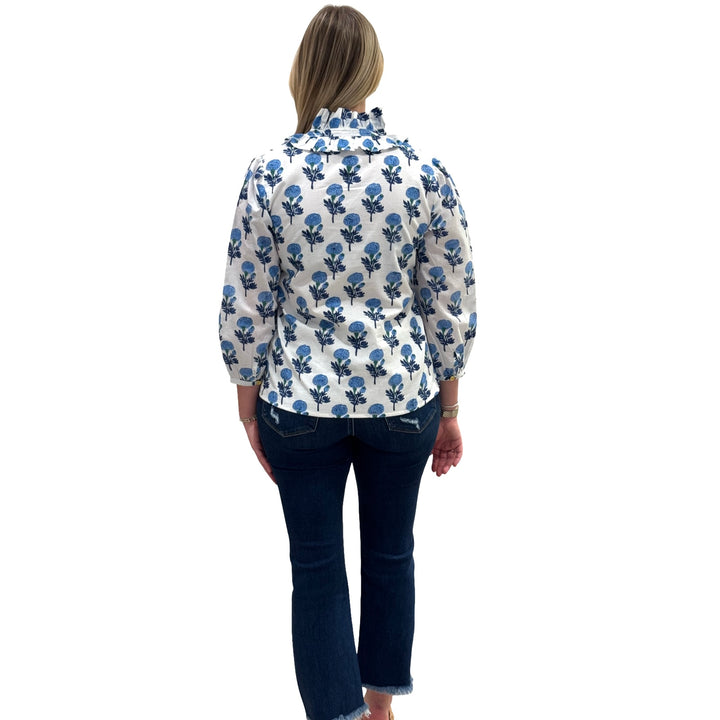 The Laurel Ruffle Collar Top in White and Blue Hand Blocked Floral — view 5