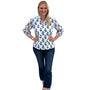 The Laurel Ruffle Collar Top in White and Blue Hand Blocked Floral