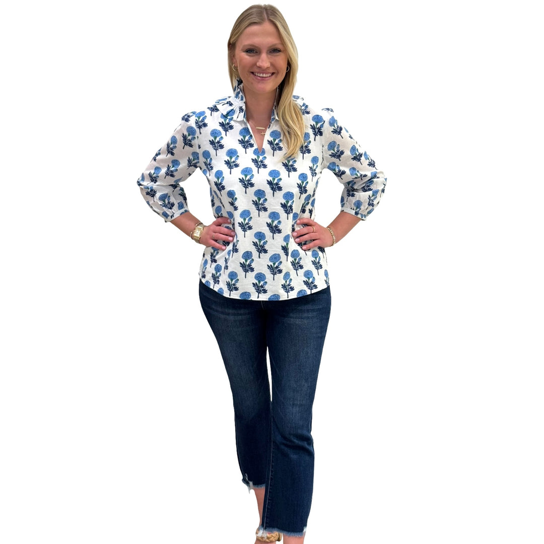 The Laurel Ruffle Collar Top in White and Blue Hand Blocked Floral