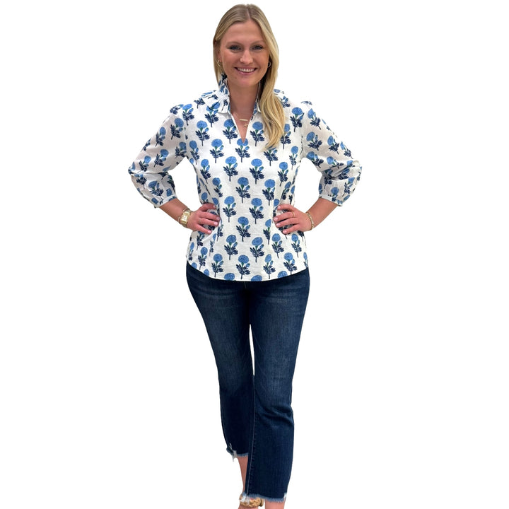 The Laurel Ruffle Collar Top in White and Blue Hand Blocked Floral