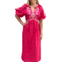 The Gabby Long Embroidered Dress in Hot Pink and White