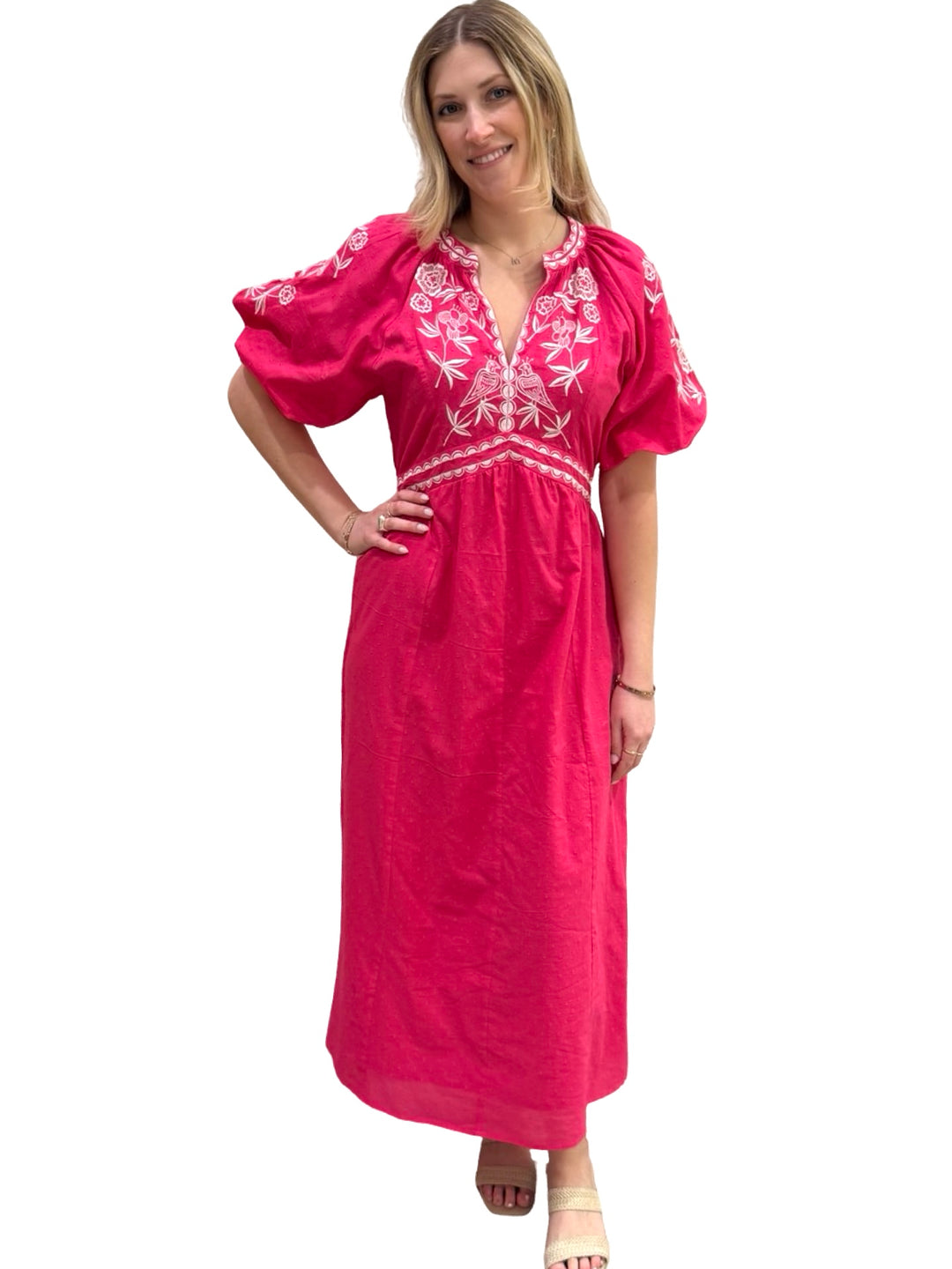 The Gabby Long Embroidered Dress in Hot Pink and White