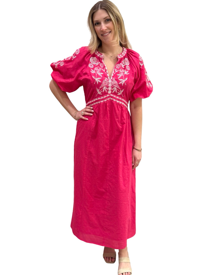The Gabby Long Embroidered Dress in Hot Pink and White
