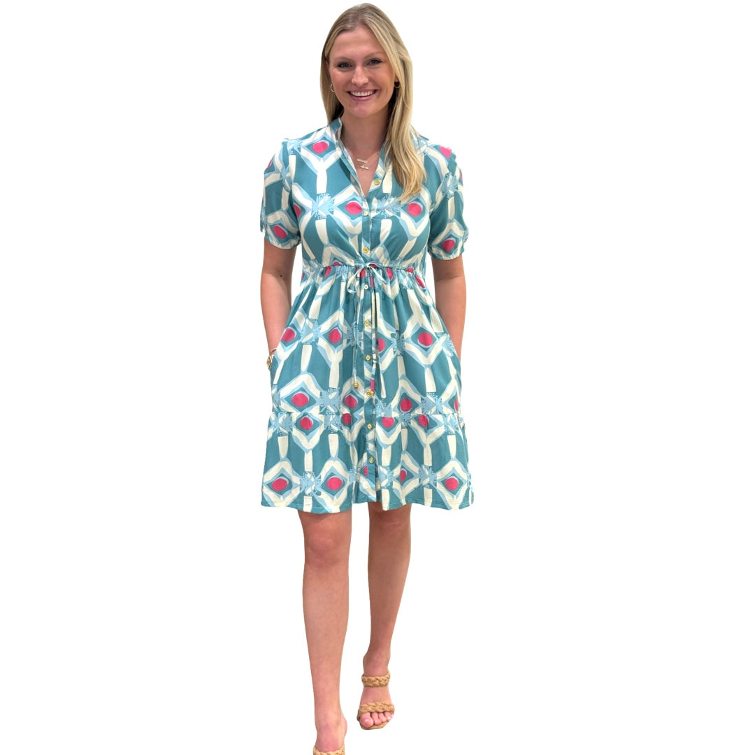 The Hamilton Sage Pink Geometric Print Cinch Tie Waist Short Sleeve Dress