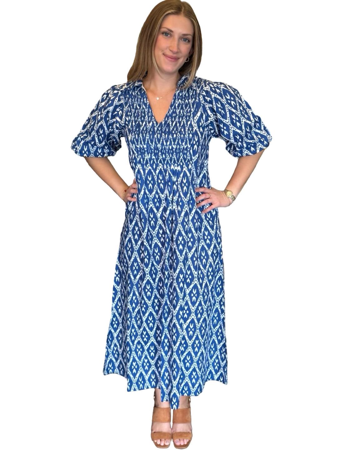 The Joanie Smocked Dress in Blue White Ikat