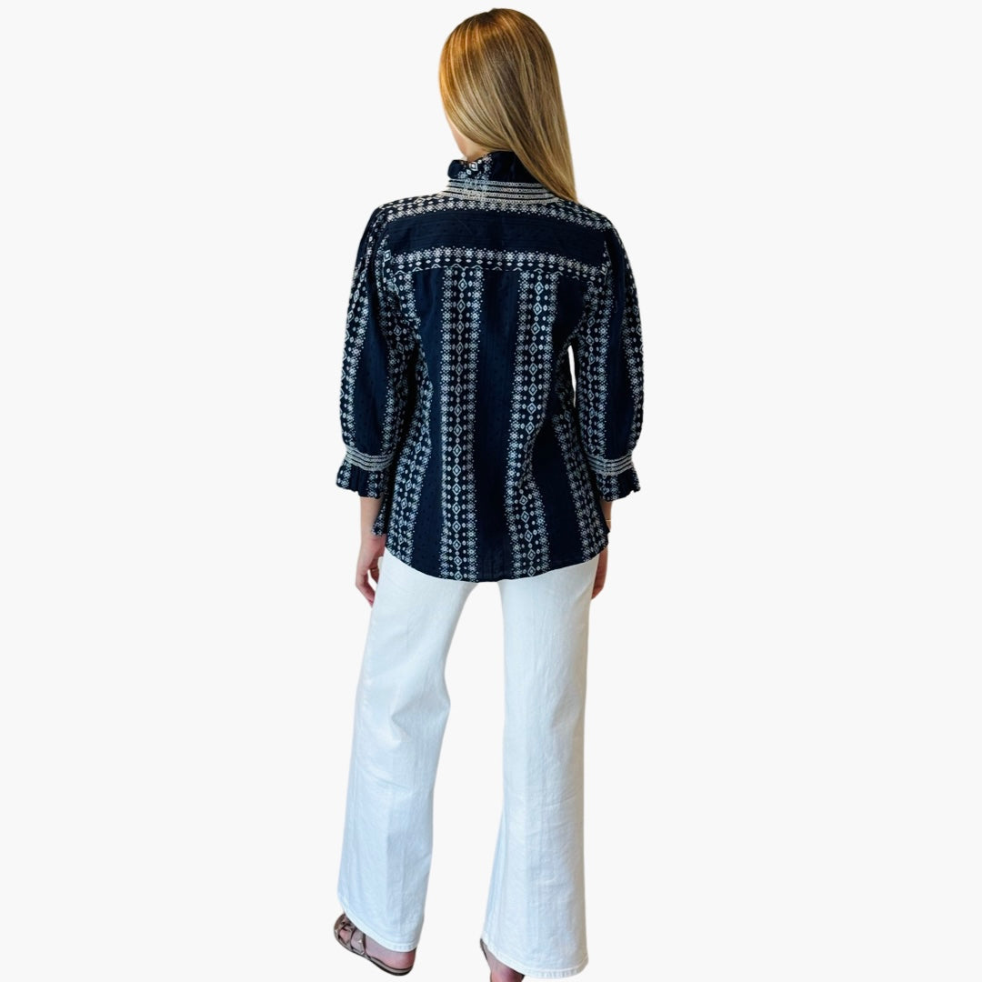 The Amelia Smocked Ruffle Front Top in Navy and White — view 7