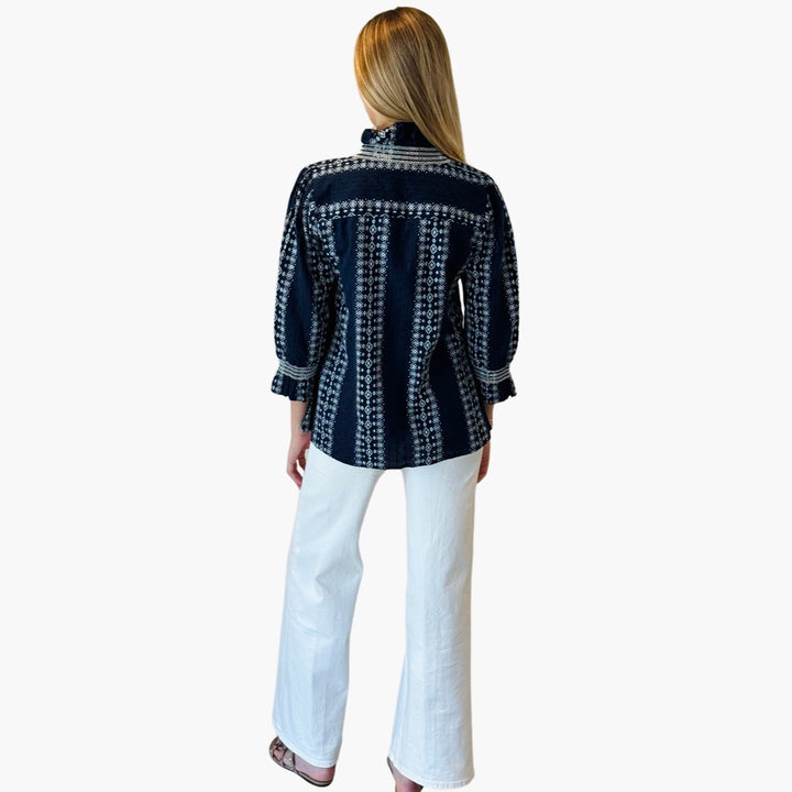 The Amelia Smocked Ruffle Front Top in Navy and White — view 7