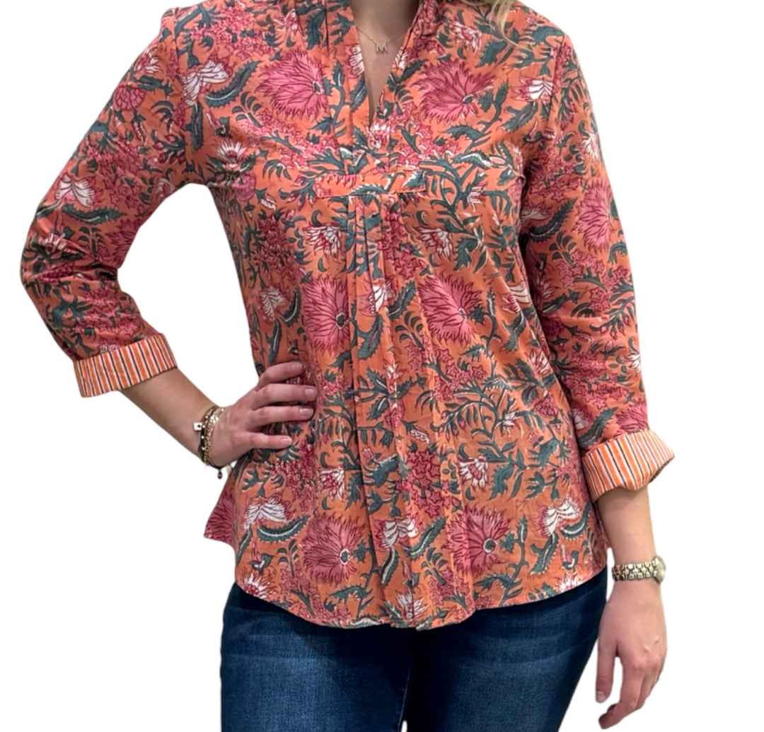 The Eloise Hand Block Printed Top in Orange Floral — view 3