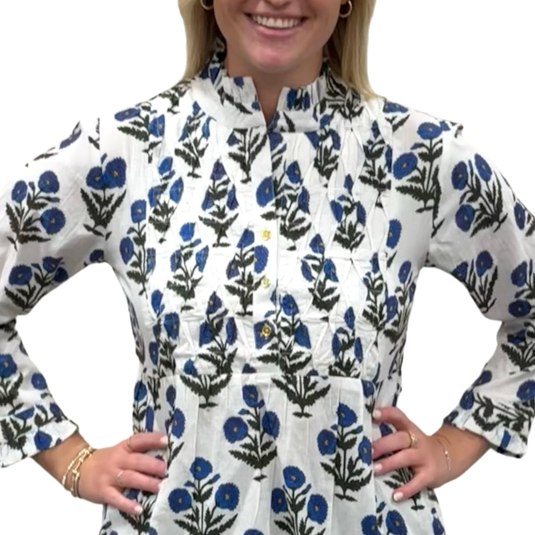 The Veronica Hand Block Smocked Top in Blue White Floral — view 4