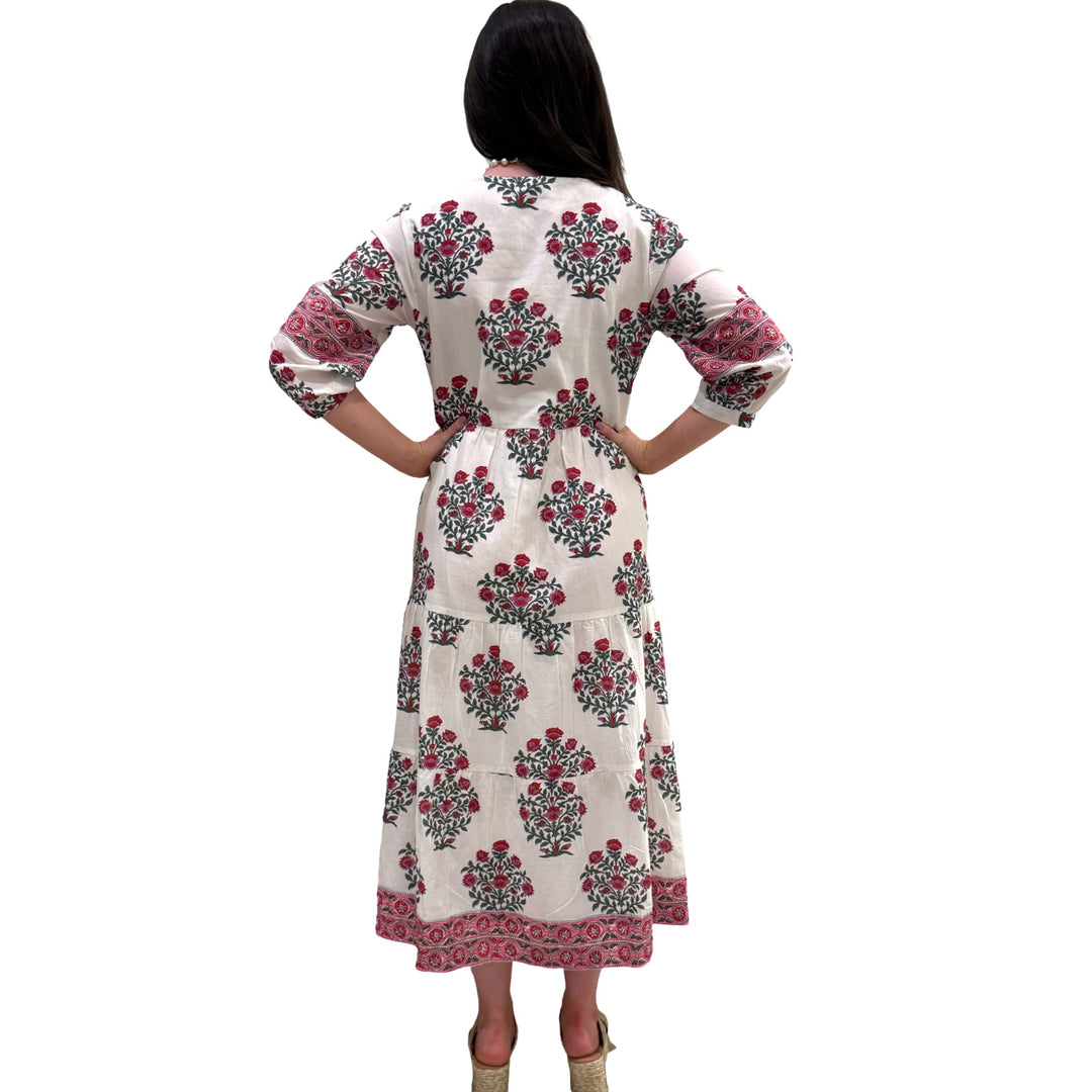 The Evie Long Length Dress in Pink Red Hand Blocked Floral — view 6