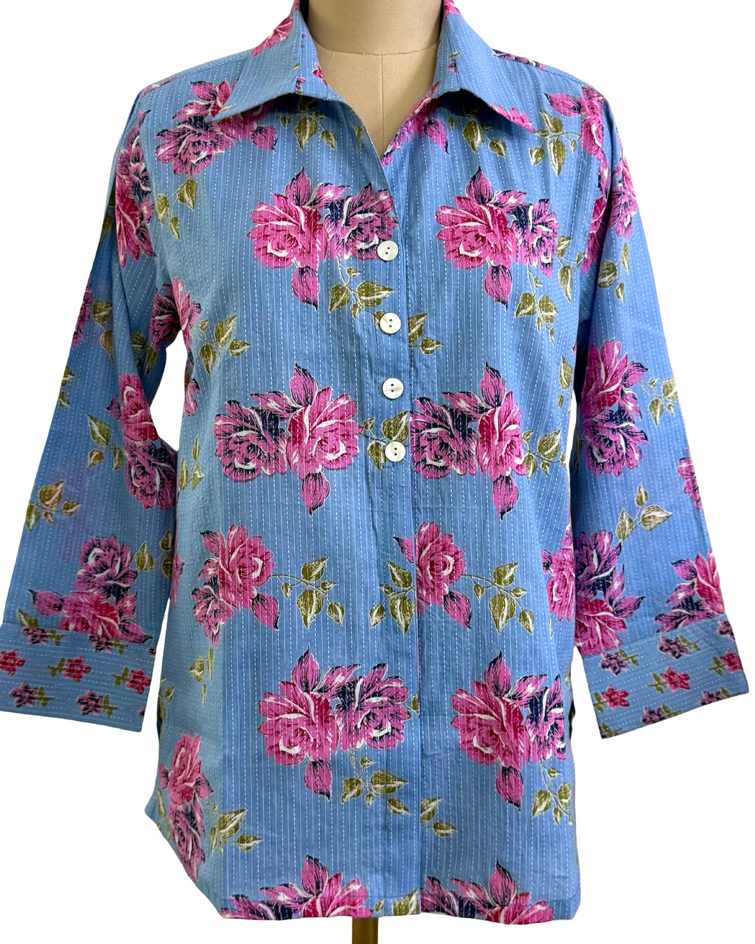 The Mason Button Front Top in Cornflower Blue Pink Floral — view 3