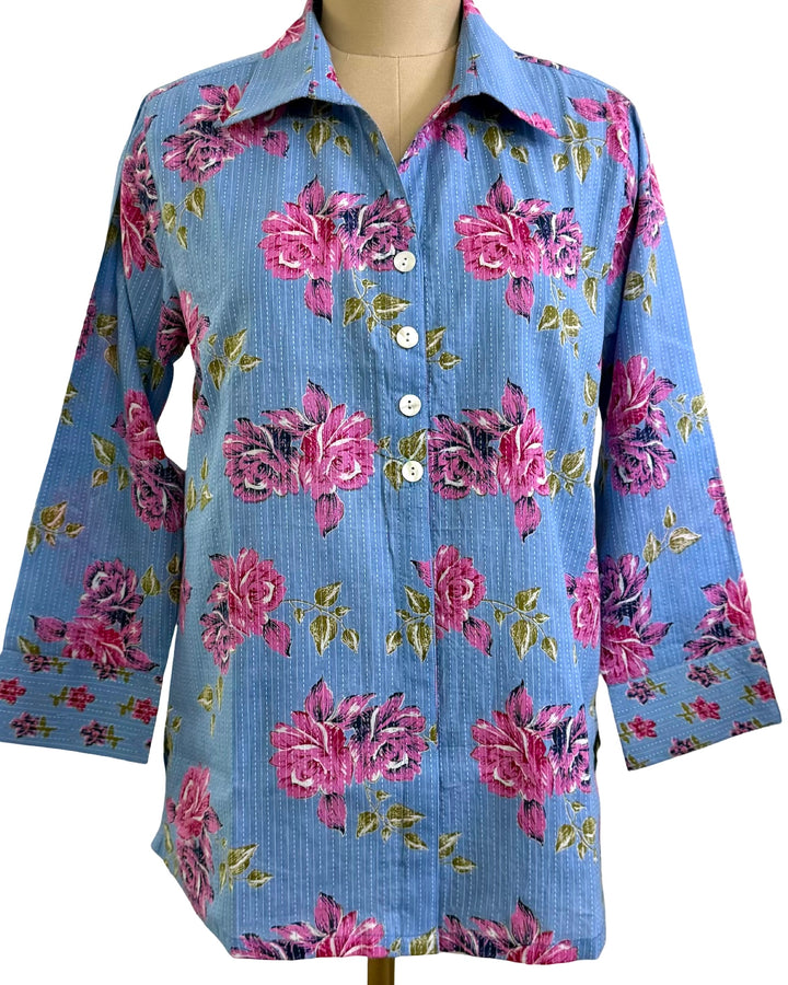 The Mason Button Front Top in Cornflower Blue Pink Floral — view 3