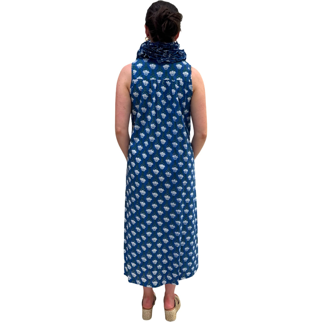 The Newport Ruffle Collar Long Dress in Blue Hand Blocked Floral — view 11