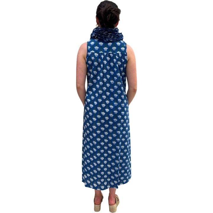 The Newport Ruffle Collar Long Dress in Blue Hand Blocked Floral — view 11