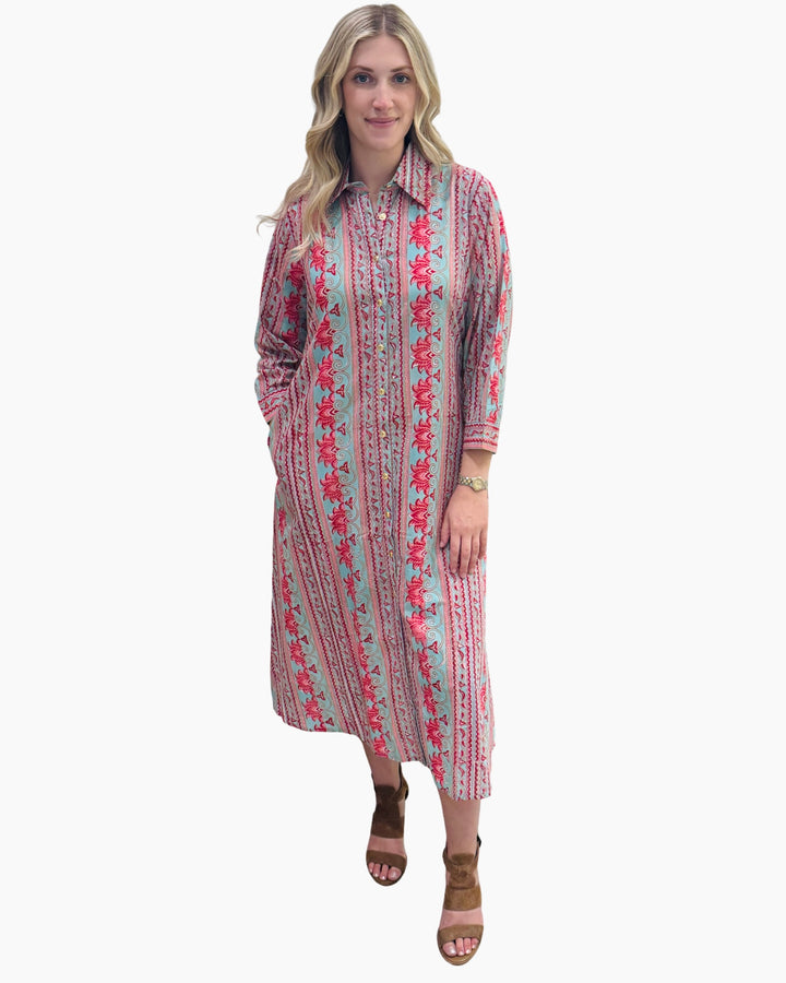 The Erika Button Front Dress in Turquoise and Red Hand-block Printed Cotton — view 3
