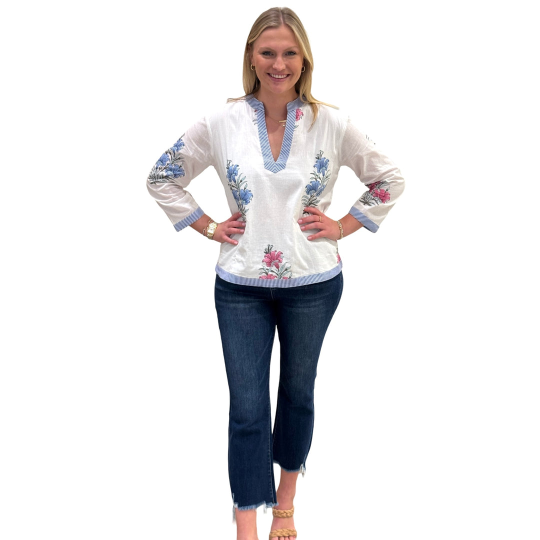 The Kelsea Striped Trim Hand-Blocked Floral Top — view 3