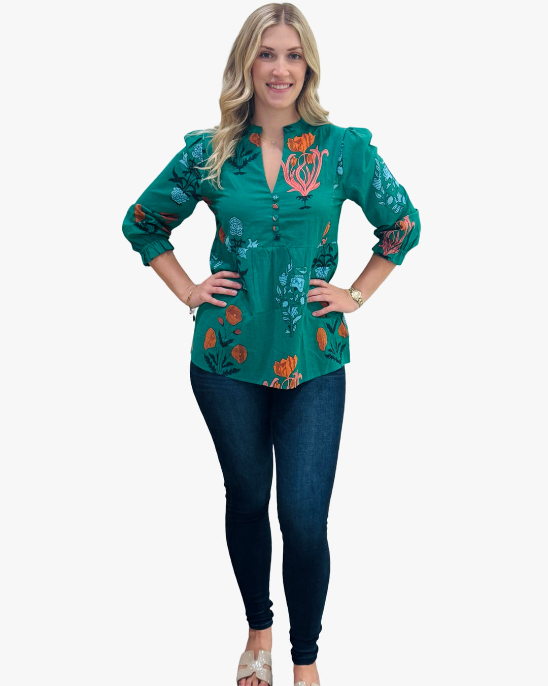 The Cameron Top in Emerald Green Floral — view 3