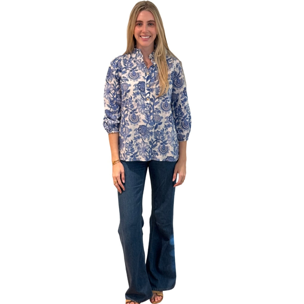 The Tricia Hand Blocked Floral Top in White and Blue Floral — view 2