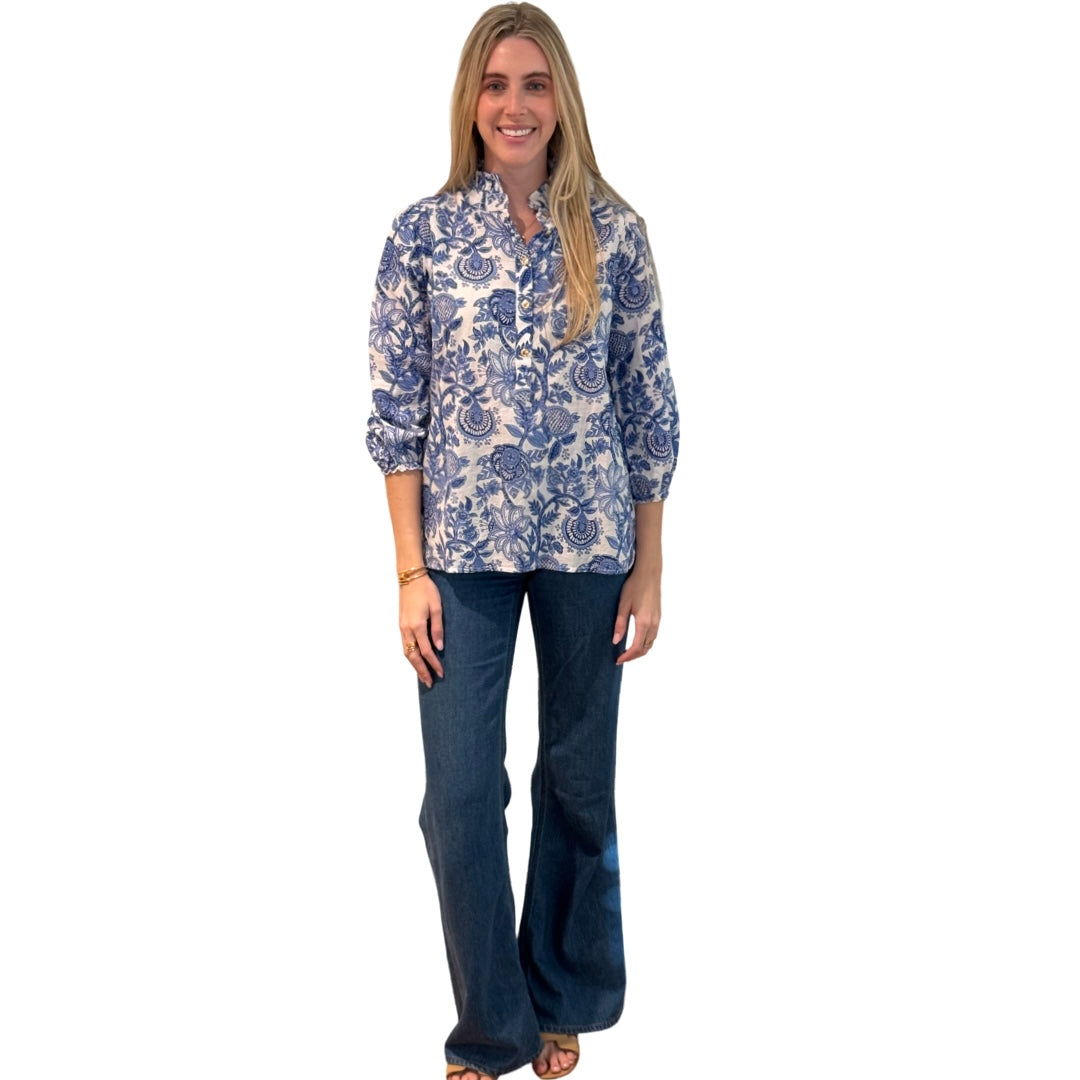 The Tricia Hand Blocked Floral Top in White and Blue Floral — view 2