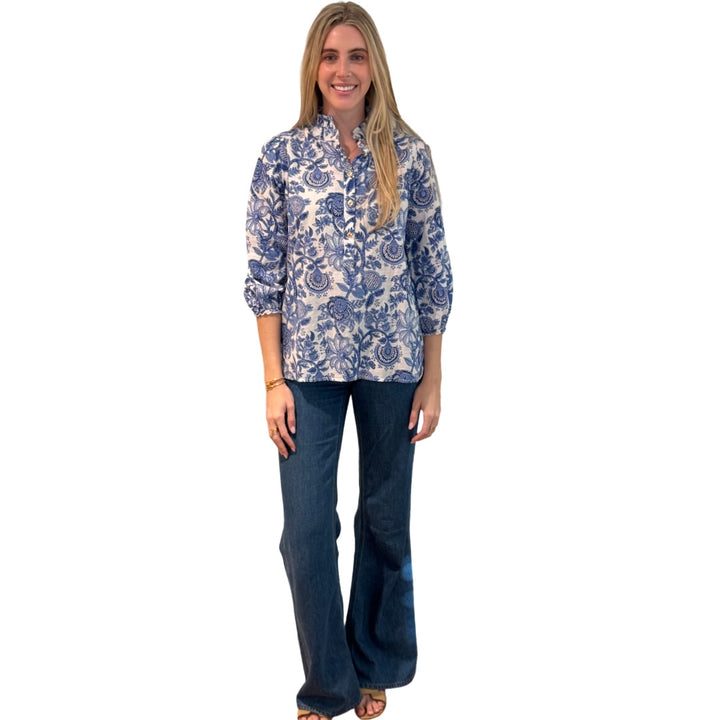 The Tricia Hand Blocked Floral Top in White and Blue Floral — view 2