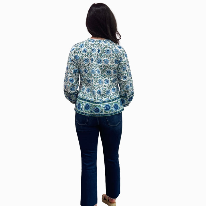 The Dahlia Smocked Neck Top in Blue Green Hand Blocked Cotton — view 4
