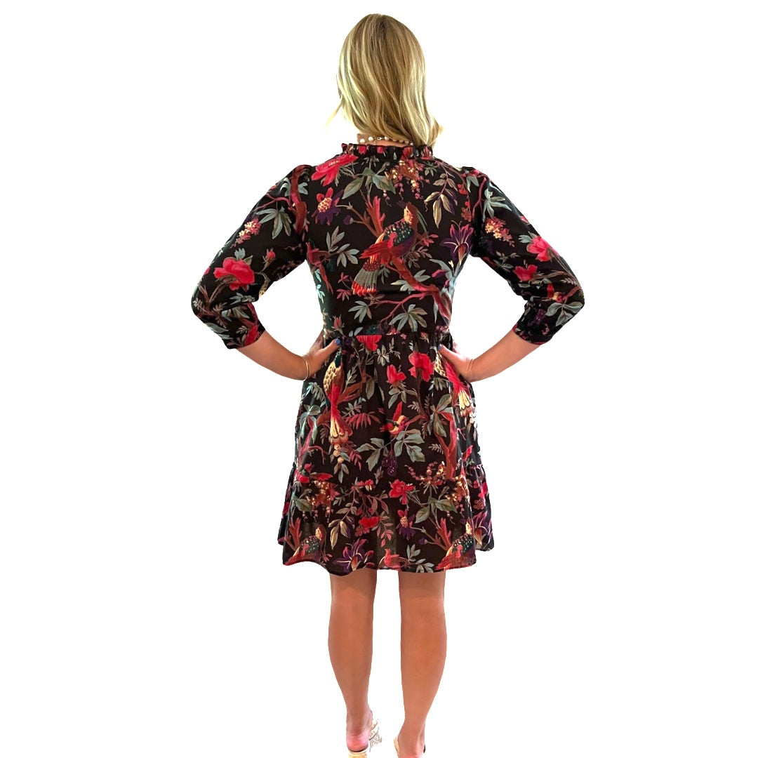 The Tinley Black Floral Bird Block Print Cotton Dress — view 4