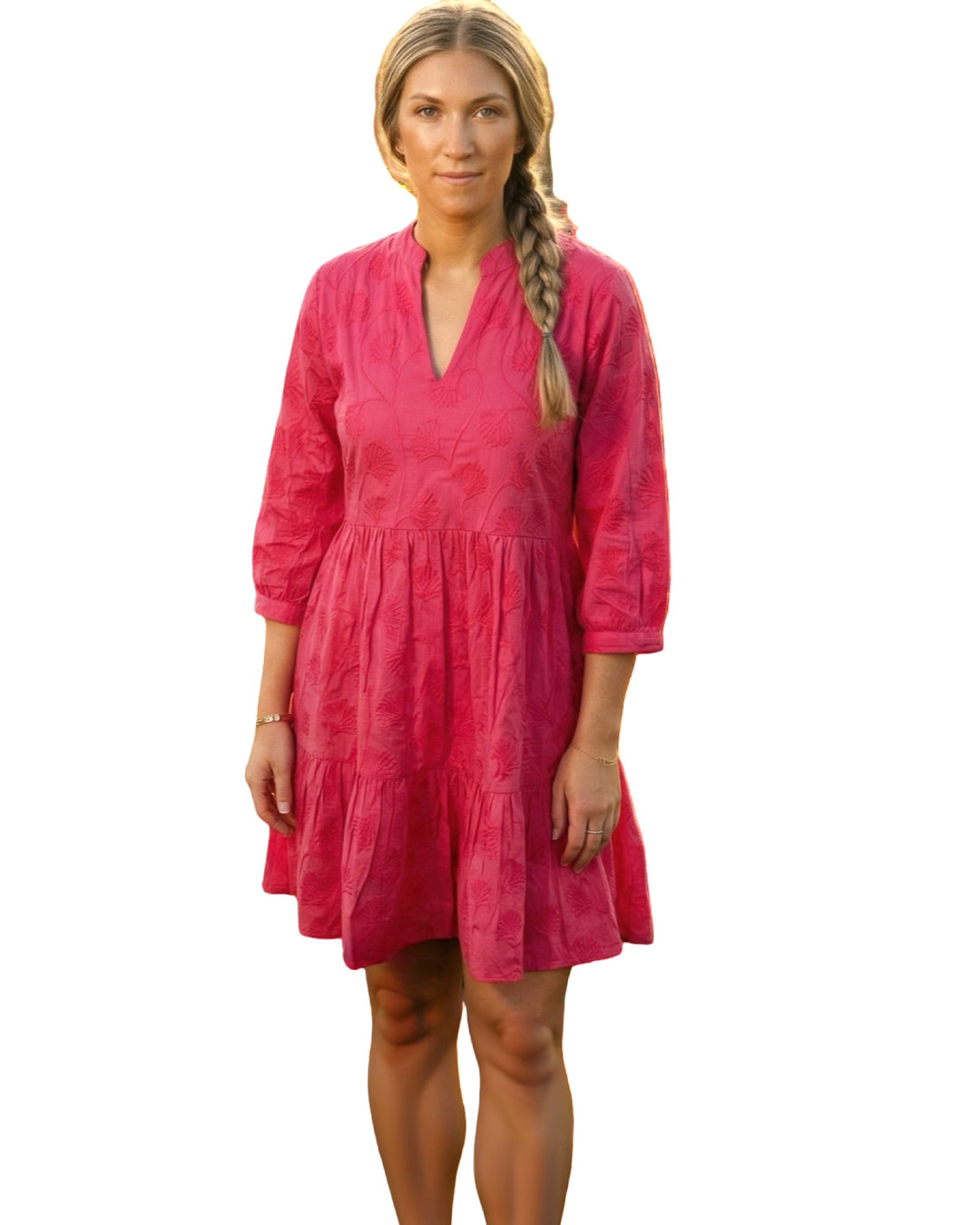 The Preston Embroidered 3/4 Sleeve Dress in Pink