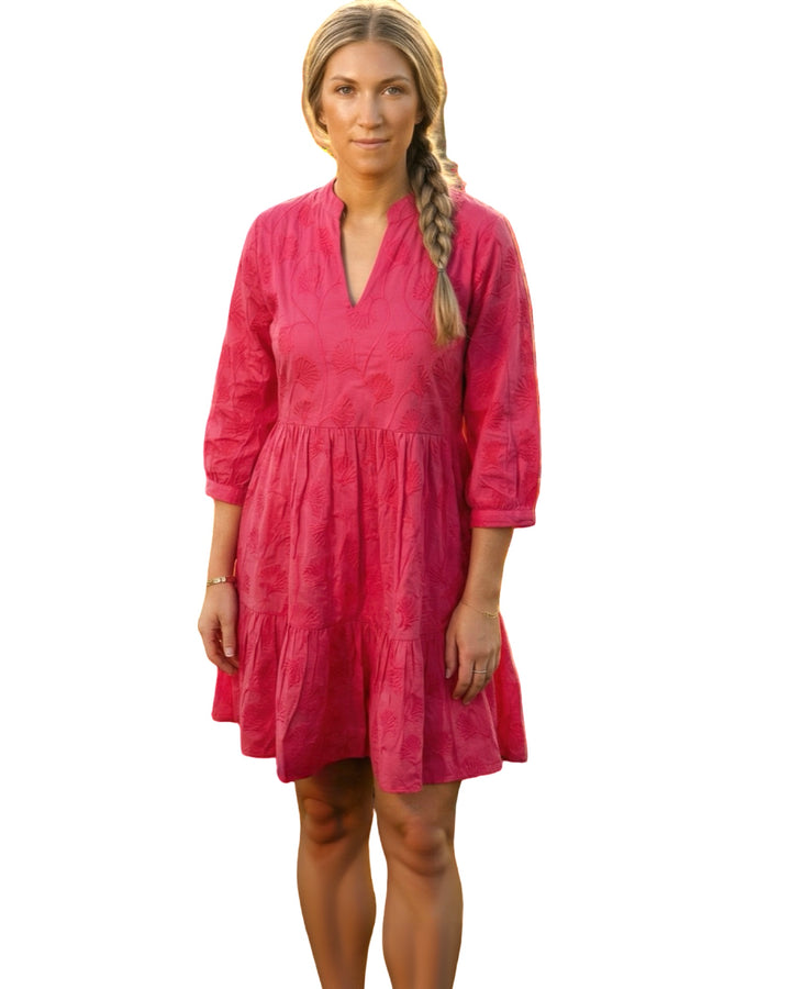 The Preston Embroidered 3/4 Sleeve Dress in Pink