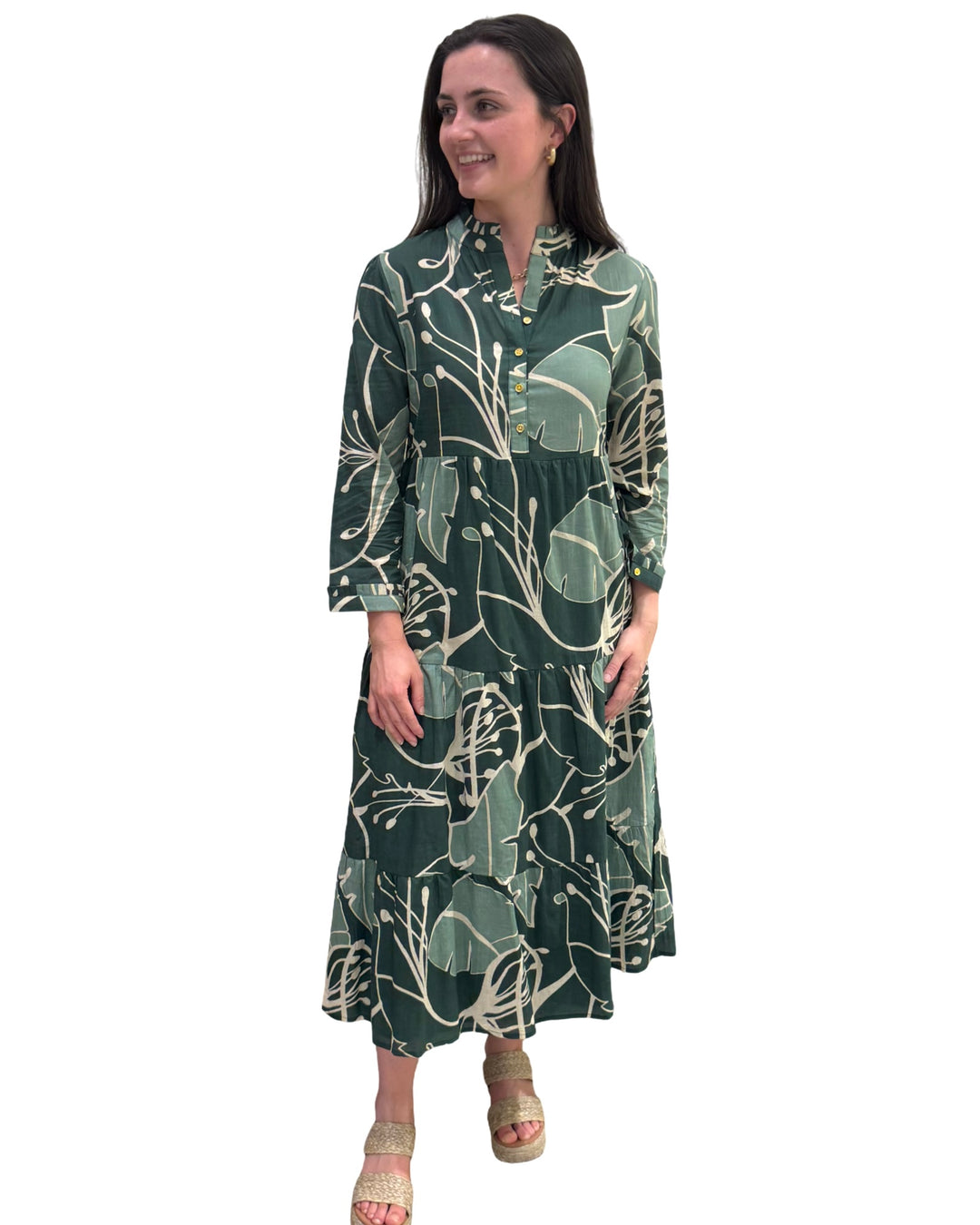 The Penny Long Length Cotton Dress in Tropical Green Abstract Cotton — view 5